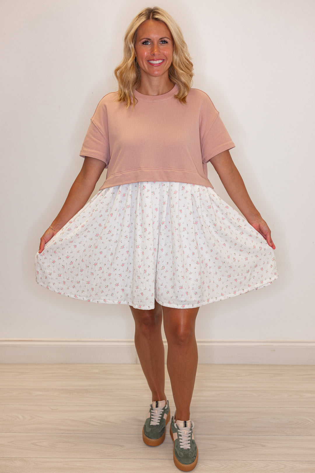 Women's mauve knit and off white woven floral print dress by Wishlist showing skirts relaxed fit