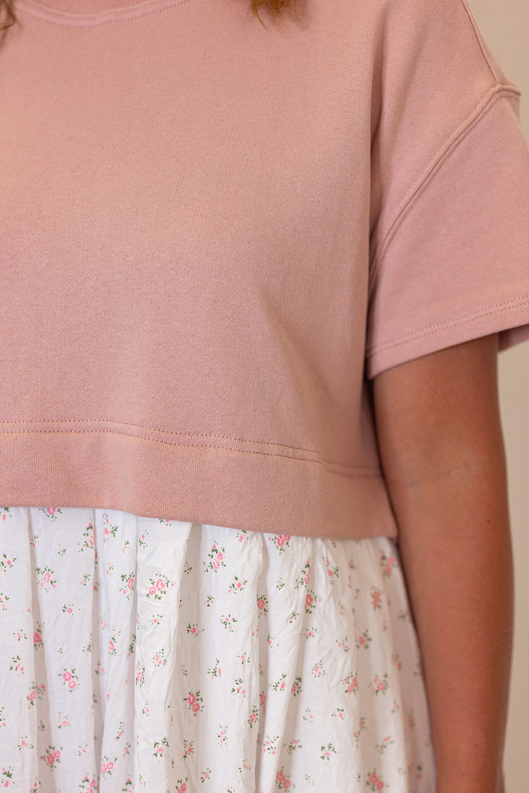 Women's mauve knit and off white woven floral print dress by Wishlist showing mauve knit detailing