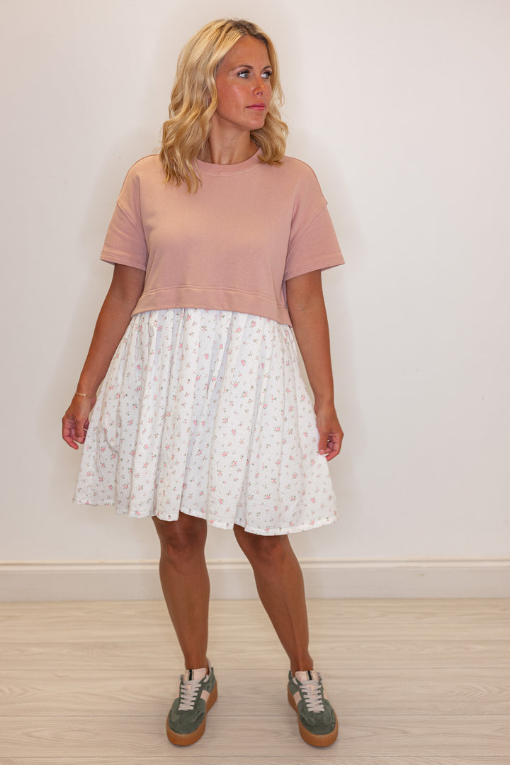 Women's mauve knit and off white woven floral print dress by Wishlist showing full front view