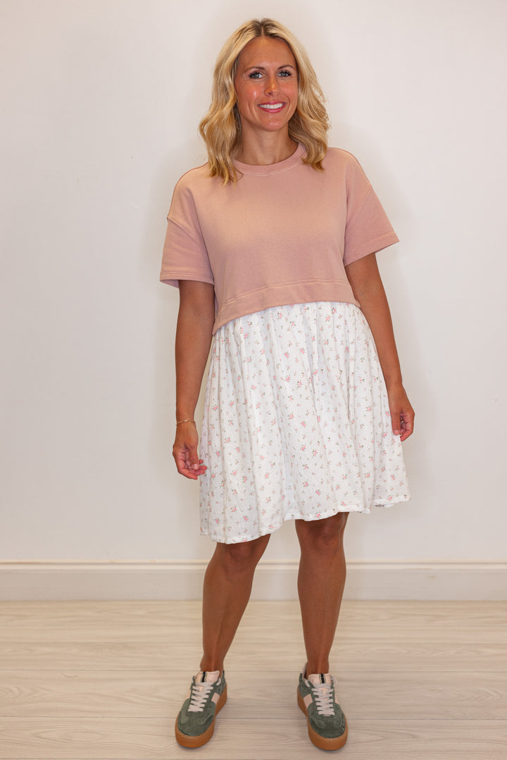 Women's mauve knit and off white woven floral print dress by Wishlist