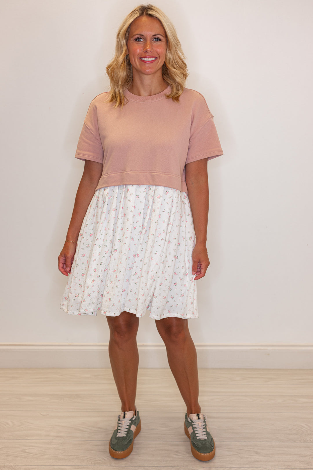 Women's mauve knit and off white woven floral print dress by Wishlist showing relaxed fit