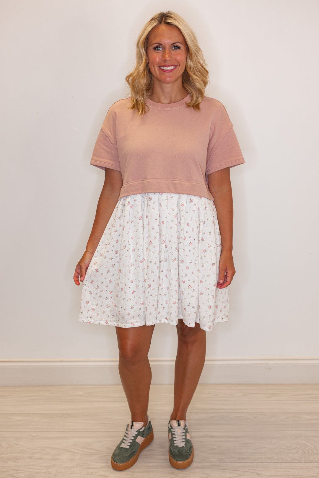 Women's trendy mauve knit and off white woven floral print dress by Wishlist