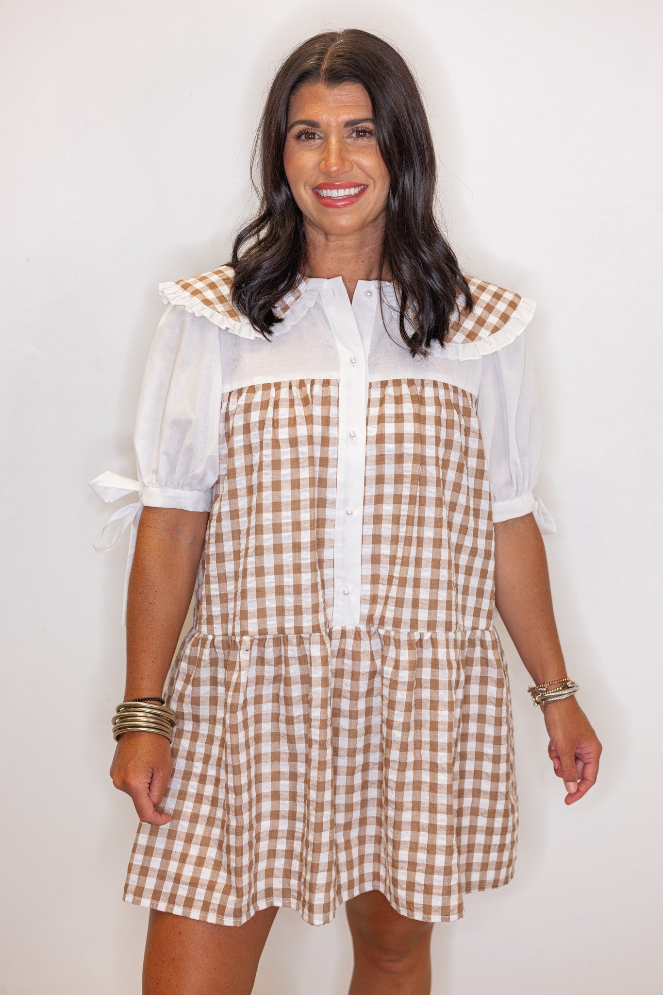 Brown And Off White Gingham Babydoll Dress | Purple Door
