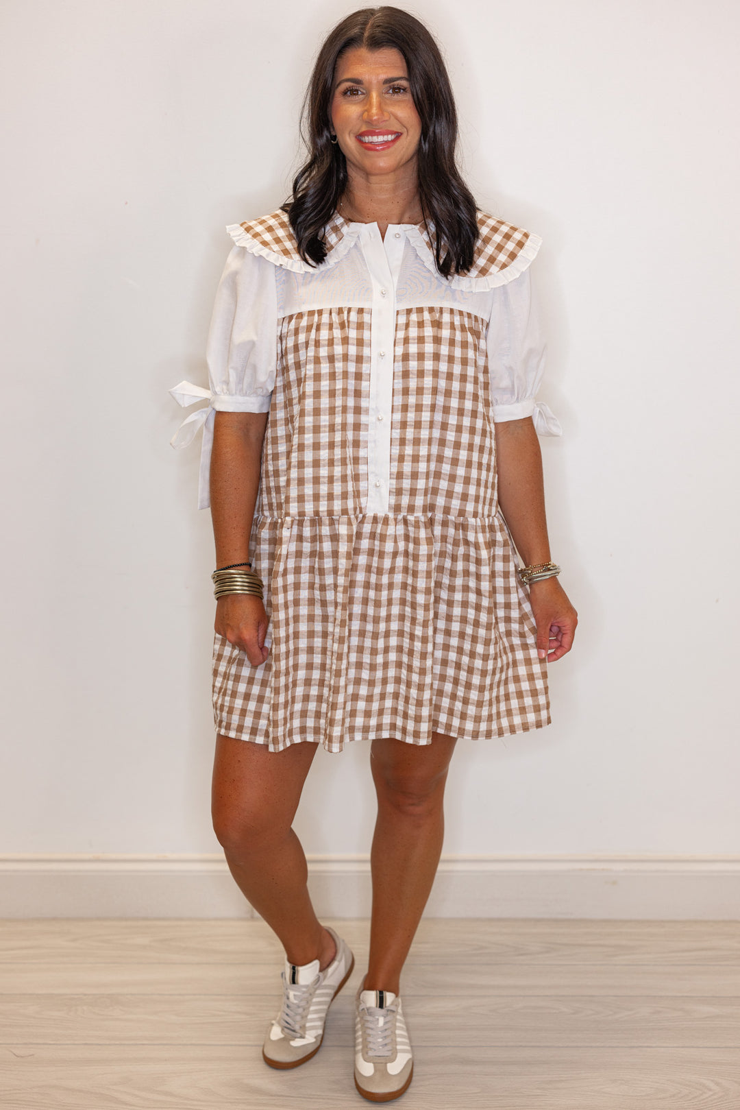 Brown and off white textured gingham print button front tiered babydoll dress by Fantastic Fawn showing full front view