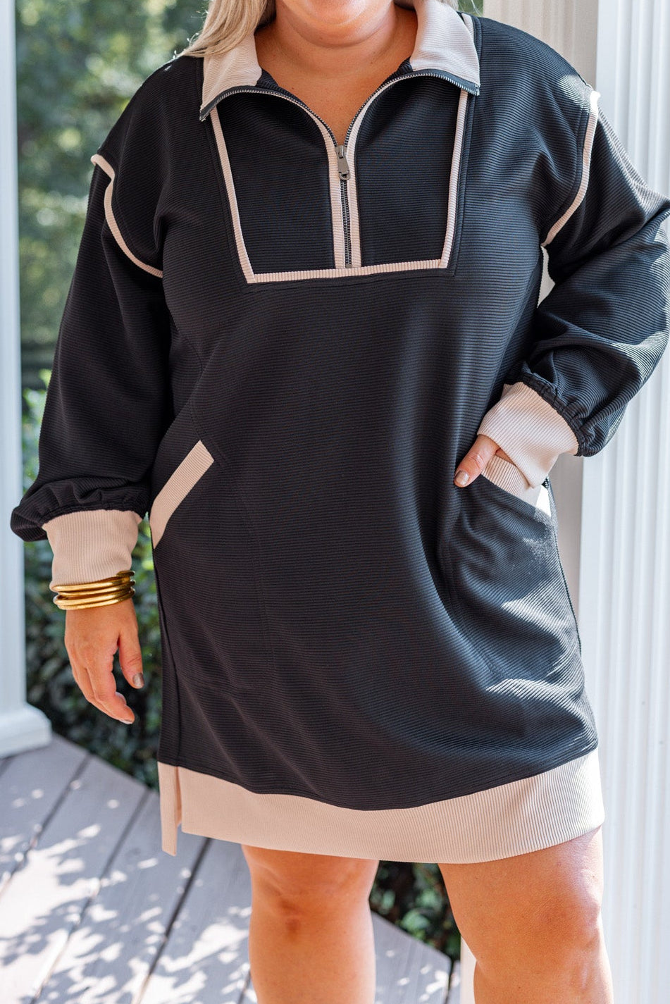 Downtown Manhattan Ribbed Mini Dress Curves 1XL / Black Beige Black Zip Up Women's Plus Size Dresses – Purple Door Boutique