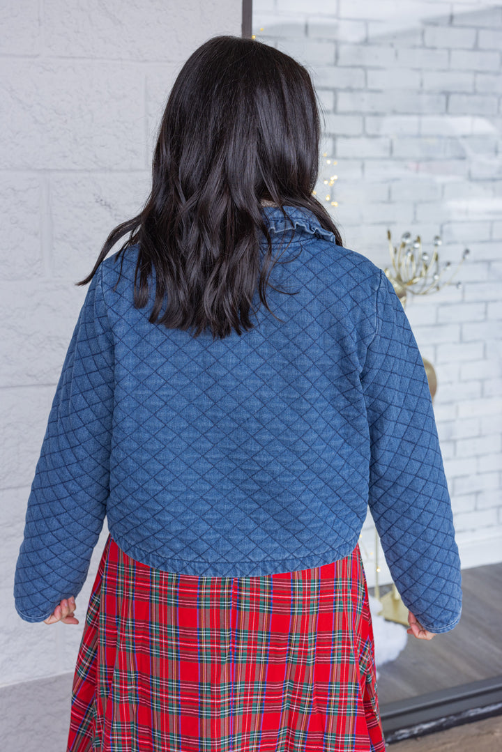 Women's blue denim quilted jacket with bow tie front closure by She + Sky showing up close back view