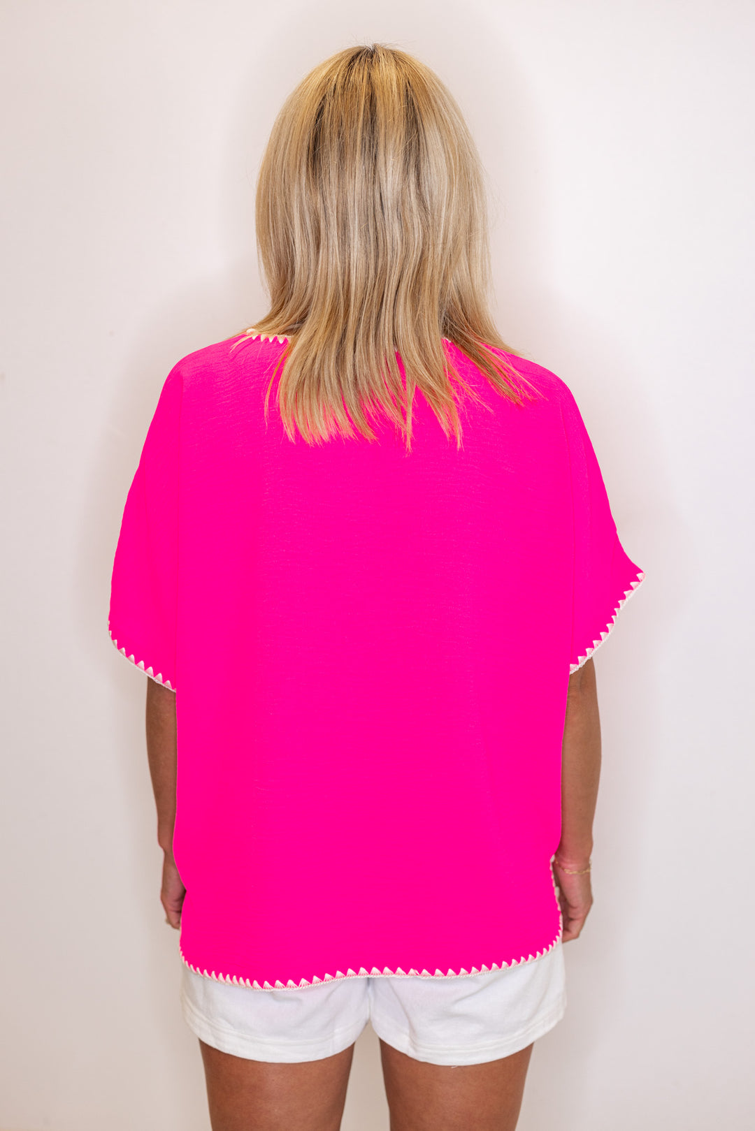 women's bright pink white trim casual cute top