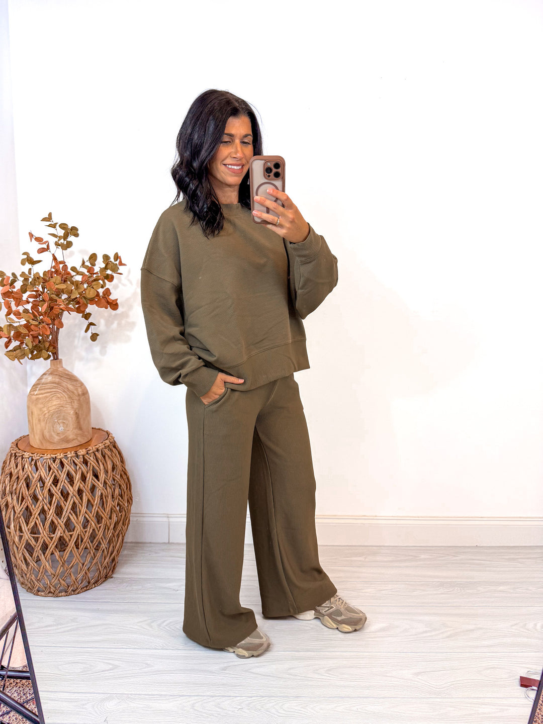 light brown ribbed knit matching lounge set