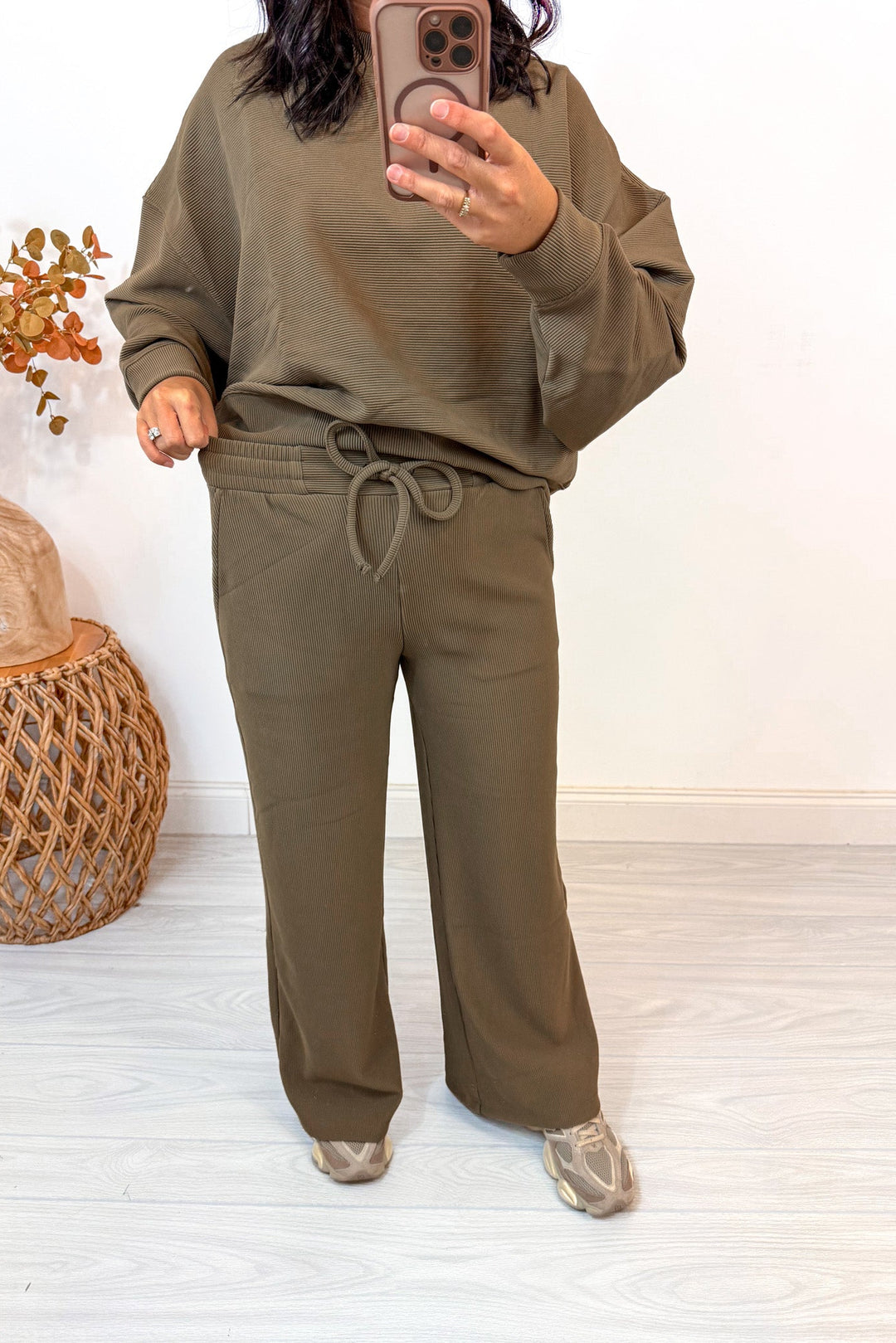 khaki brown ribbed knit matching lounge set