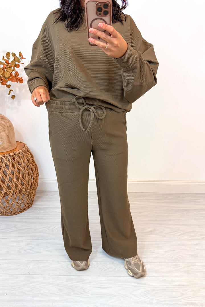 khaki brown ribbed knit matching lounge set