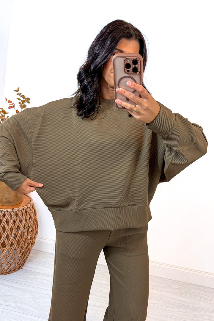 khaki brown ribbed knit matching comfy cute set