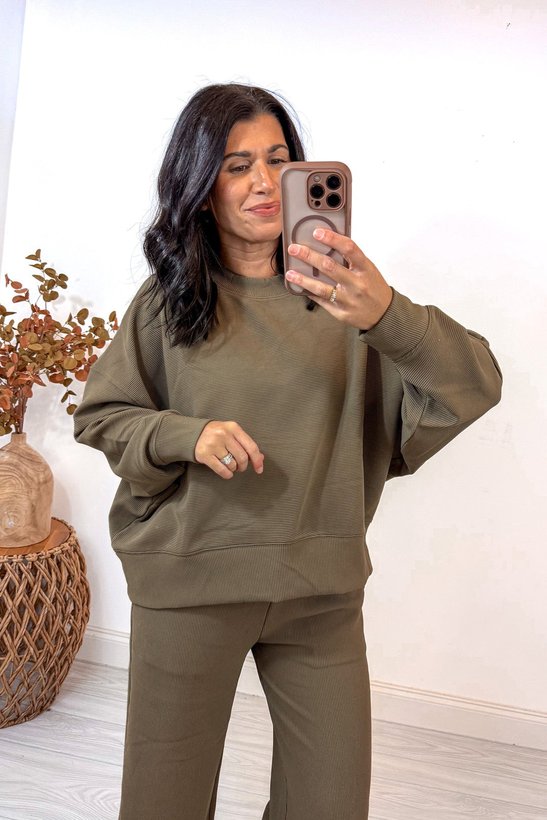 tan brown ribbed knit matching lounge set