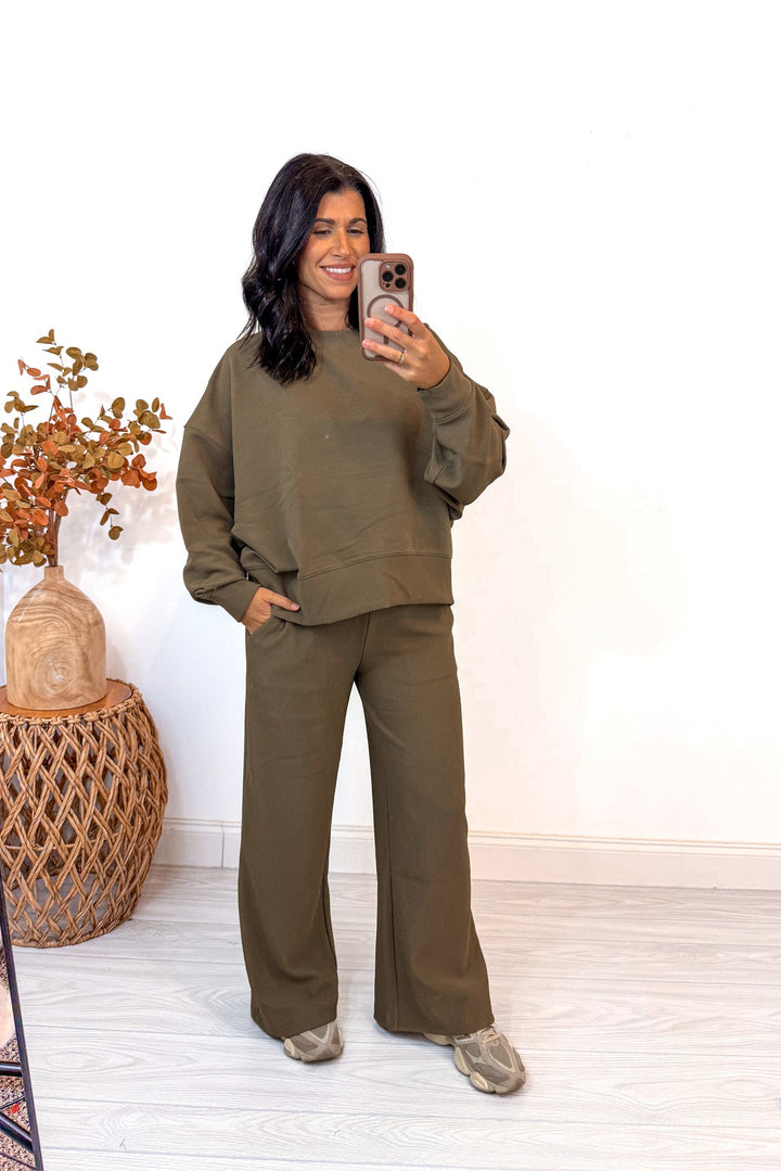 khaki brown ribbed knit matching lounge set