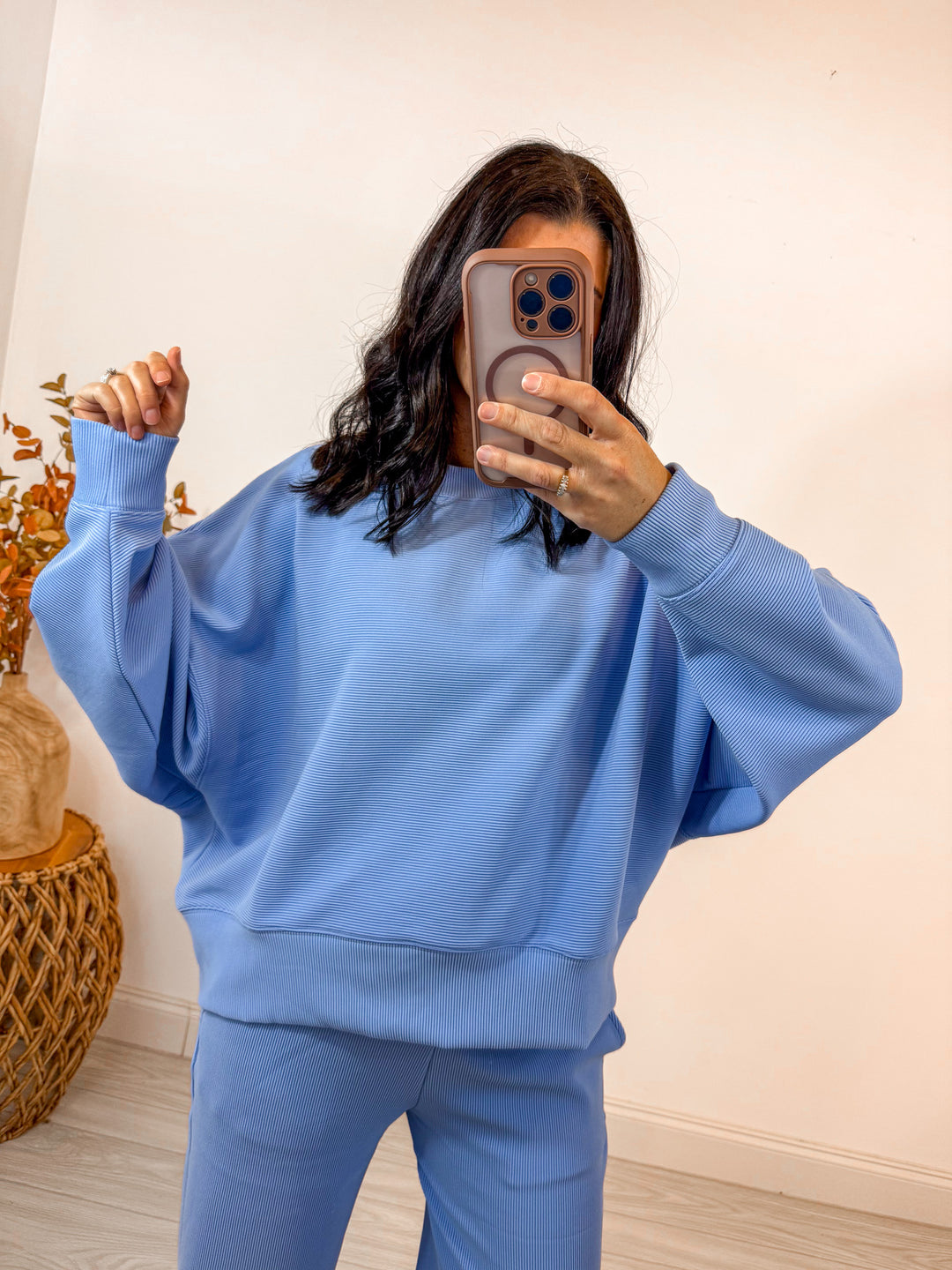 trending blue ribbed knit matching lounge set