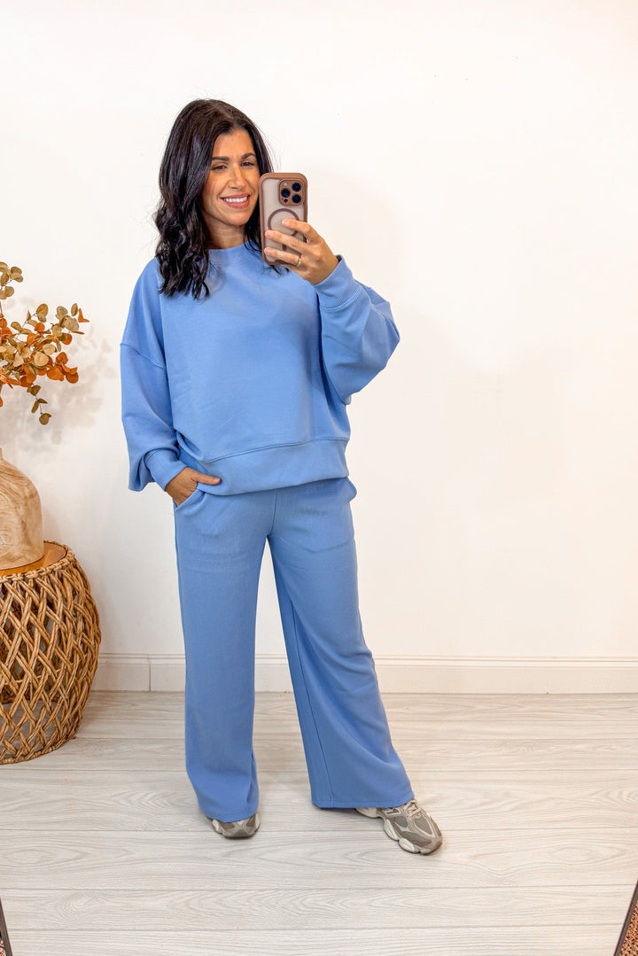 light blue ribbed knit matching lounge set