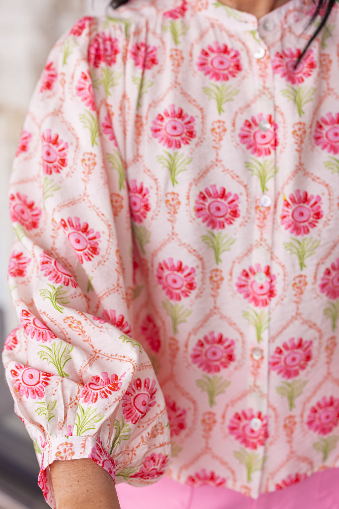 sheer pink green floral printed blouse