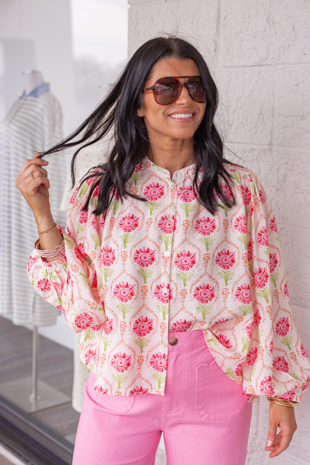 sheer pink green floral printed blouse