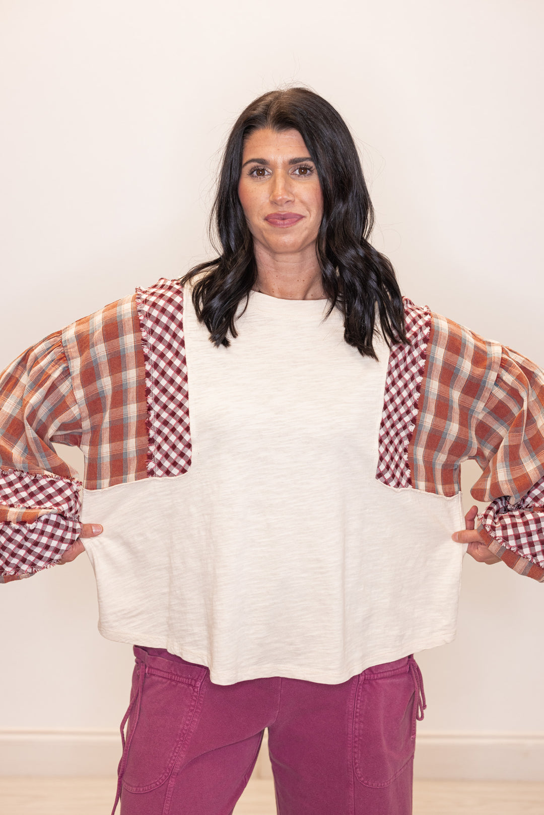Plaid Patchwork Natural Colorblock Top
