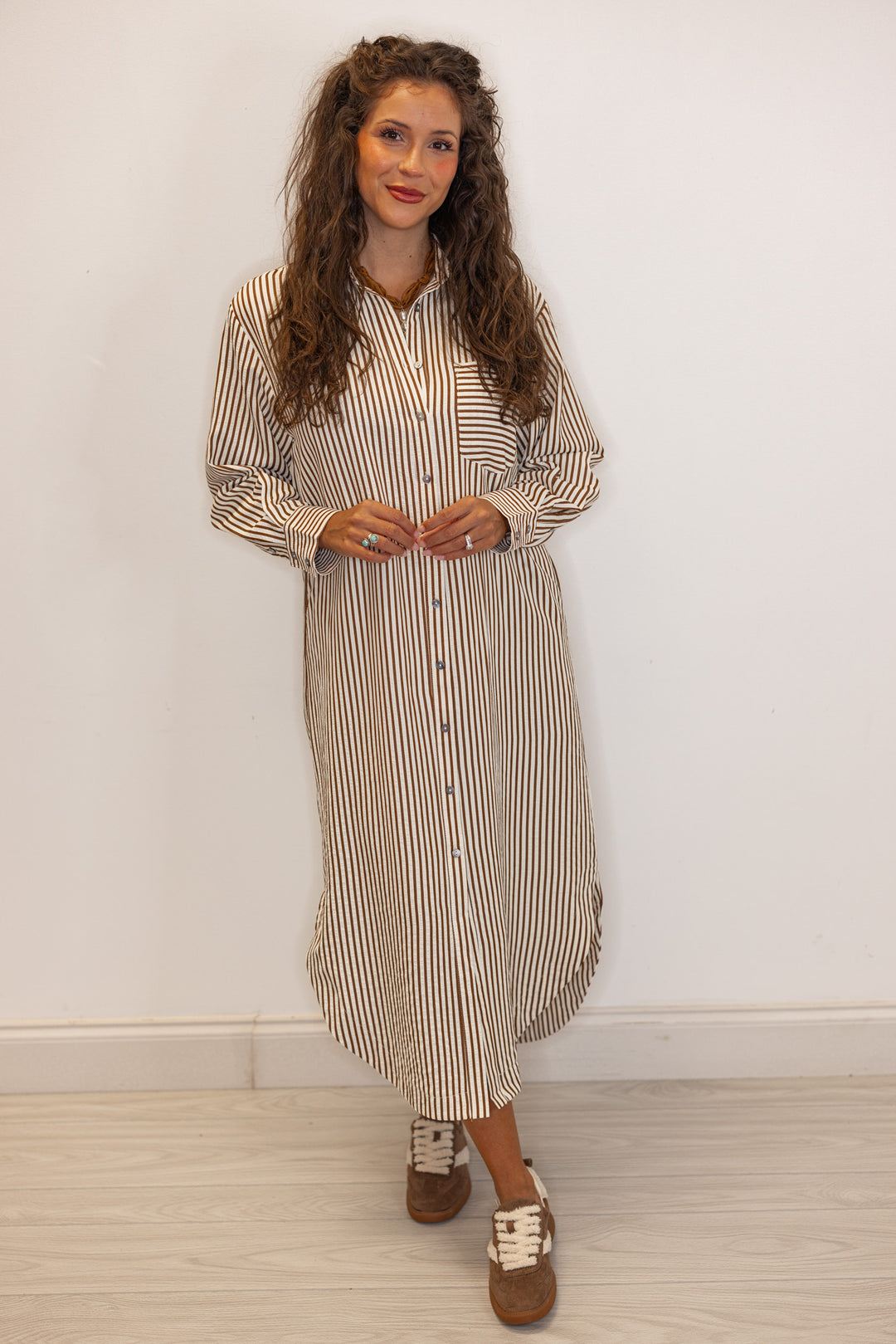 Women's long sleeve caramel and ivory  striped maxi dress