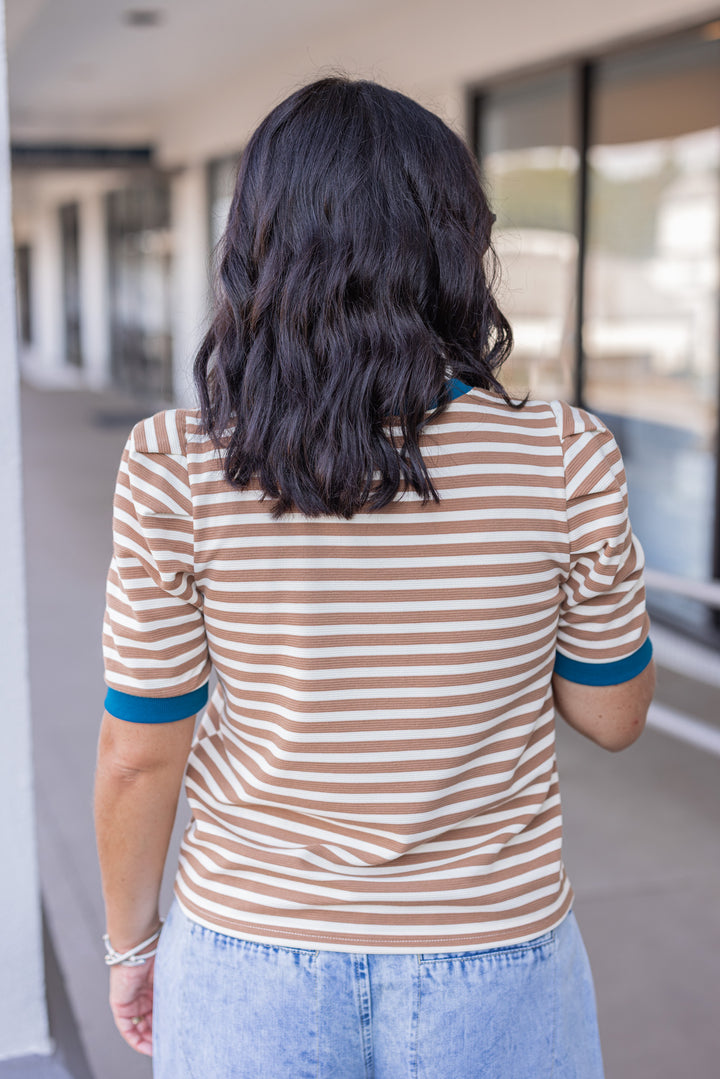 Women's tan striped knit textured top with dark turquoise trim by Entro showing up close back view