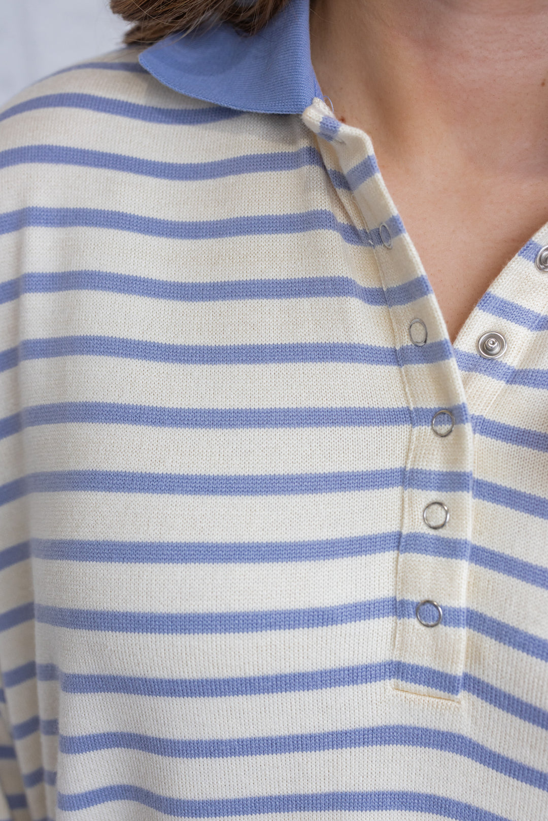 Women's sky blue and cream striped knit shirt style midi dress with collar by Wishlist showing button details