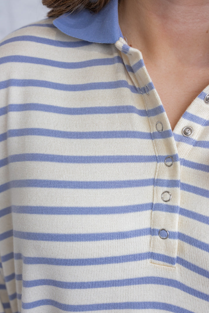 Women's sky blue and cream striped knit shirt style midi dress with collar by Wishlist showing button details