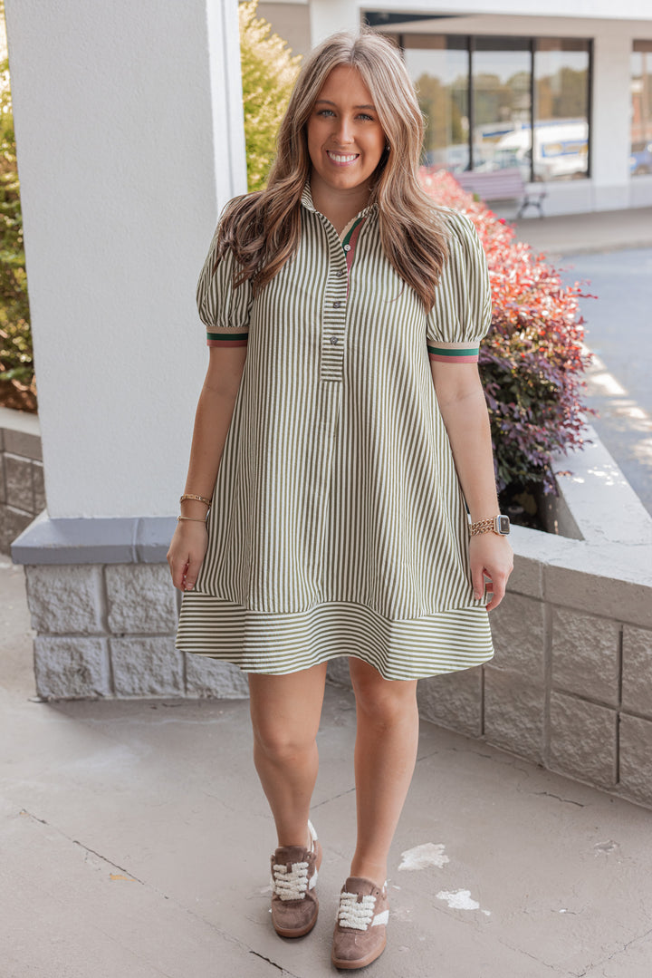Women's olive and ivory striped dress by Entro showing full front view