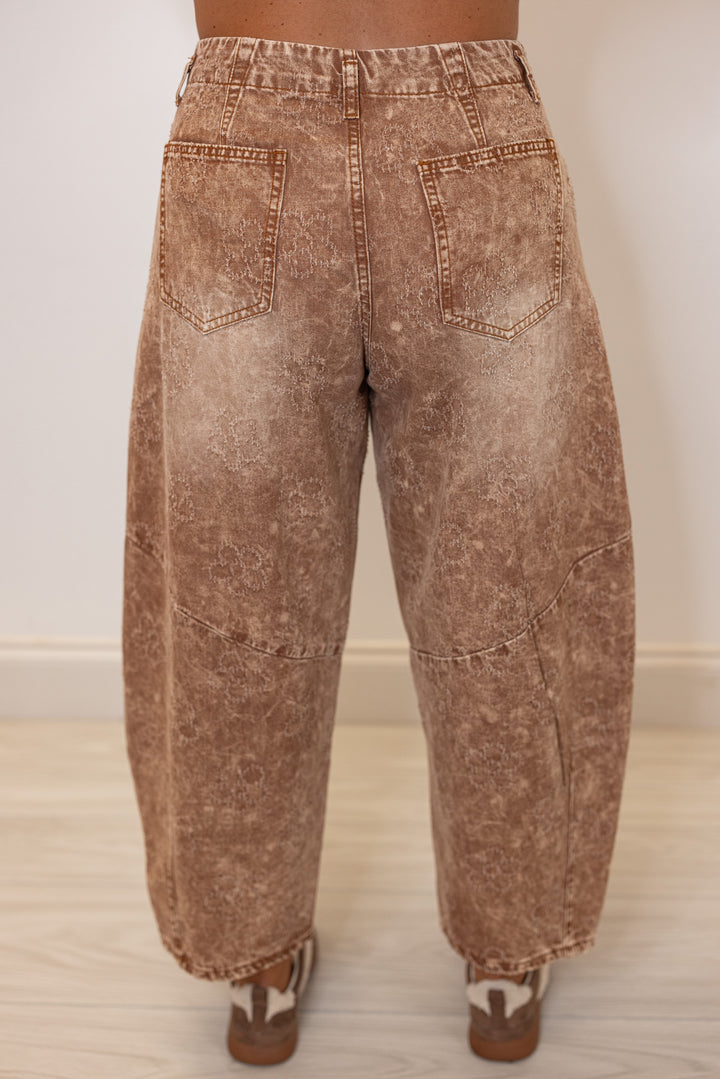 Women's washed almond tan twill barrel pants with distressed floral print by Easel showing up close back view