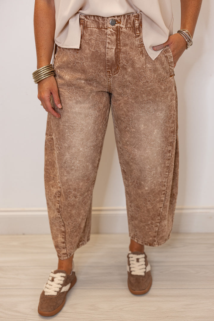 Women's washed almond tan twill barrel pants with distressed floral print by Easel