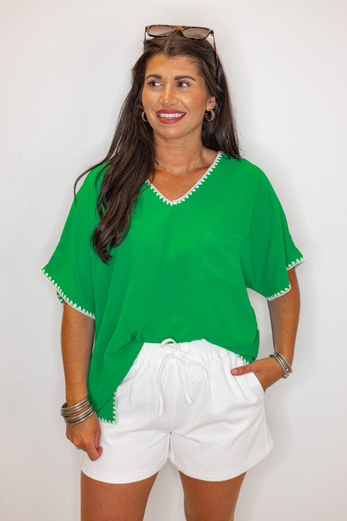 green woven trim relaxed fit tops