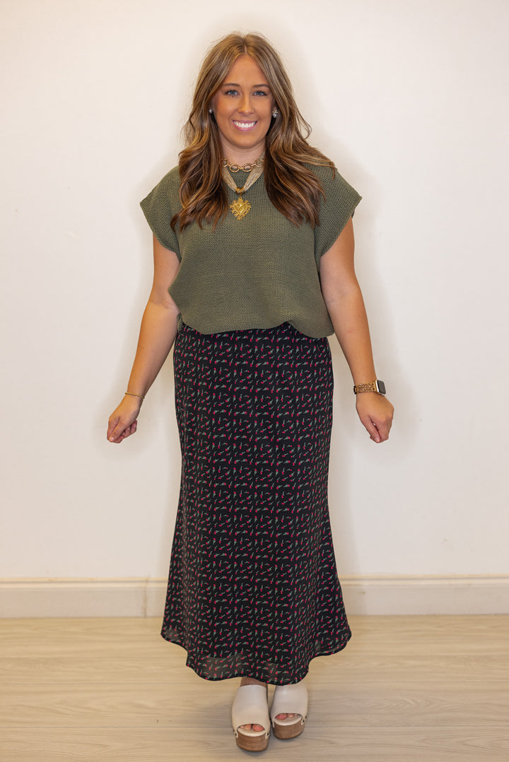 Women's olive burgundy floral black midi skirt by Wishlist