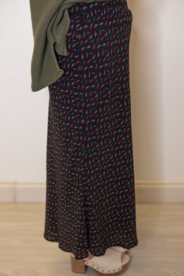 Women's olive burgundy floral black midi skirt by Wishlist showing up close side view