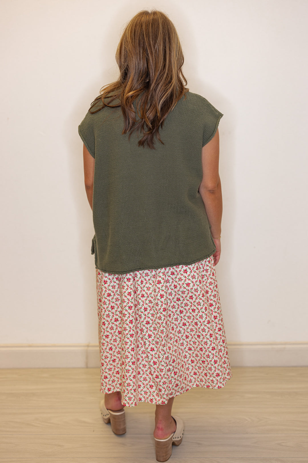 Women's olive green short sleeve sweater knit top by Wishlist showing full back view