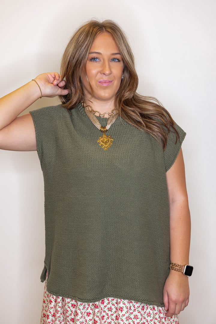 Women's olive green short sleeve sweater knit top by Wishlist showing up close front view