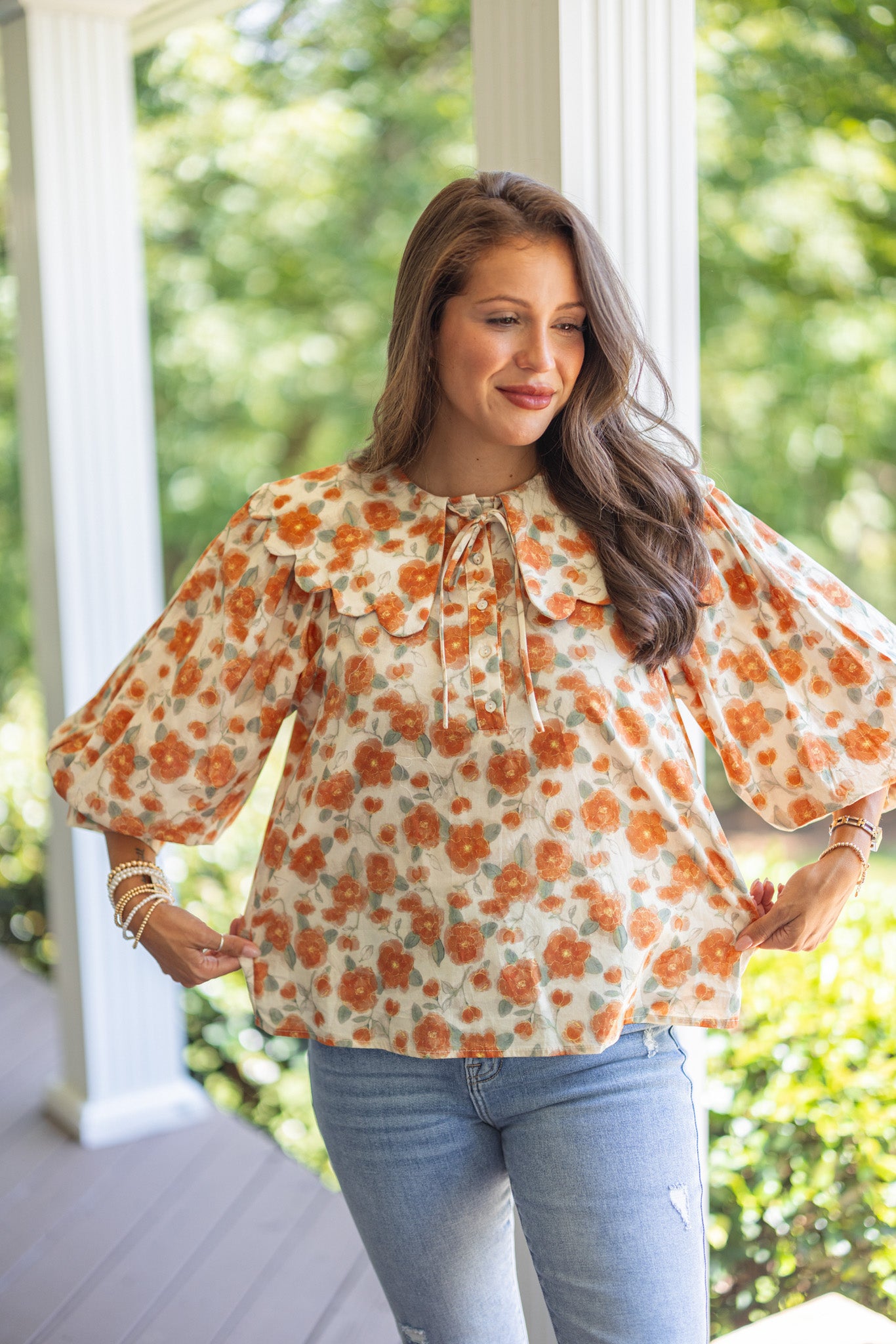 Persimmon And Cream Floral Print Top | Purple Door | Commerce GA