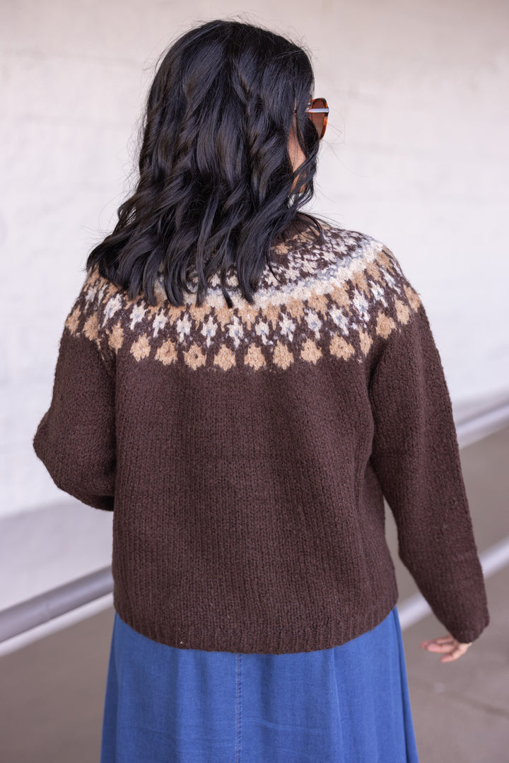Women's brown button front sweater cardigan with print around the shoulders by Blu Pepper showing back view