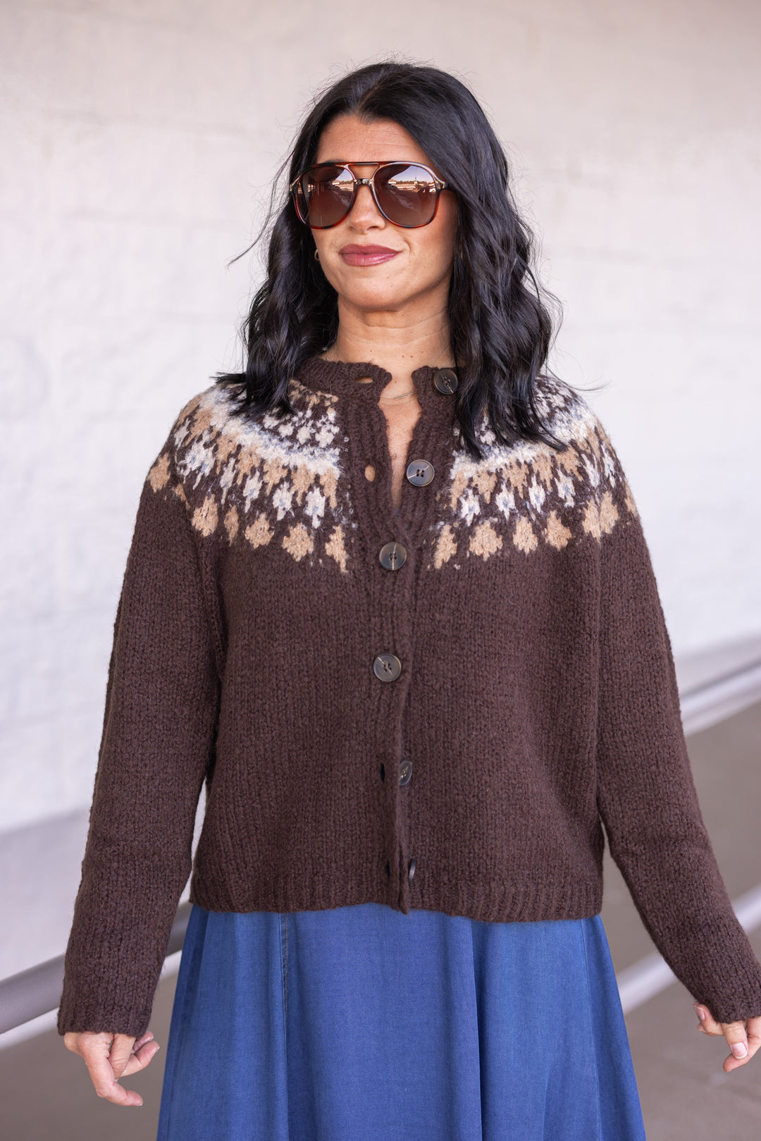 Women's brown button front sweater cardigan with print around the shoulders by Blu Pepper