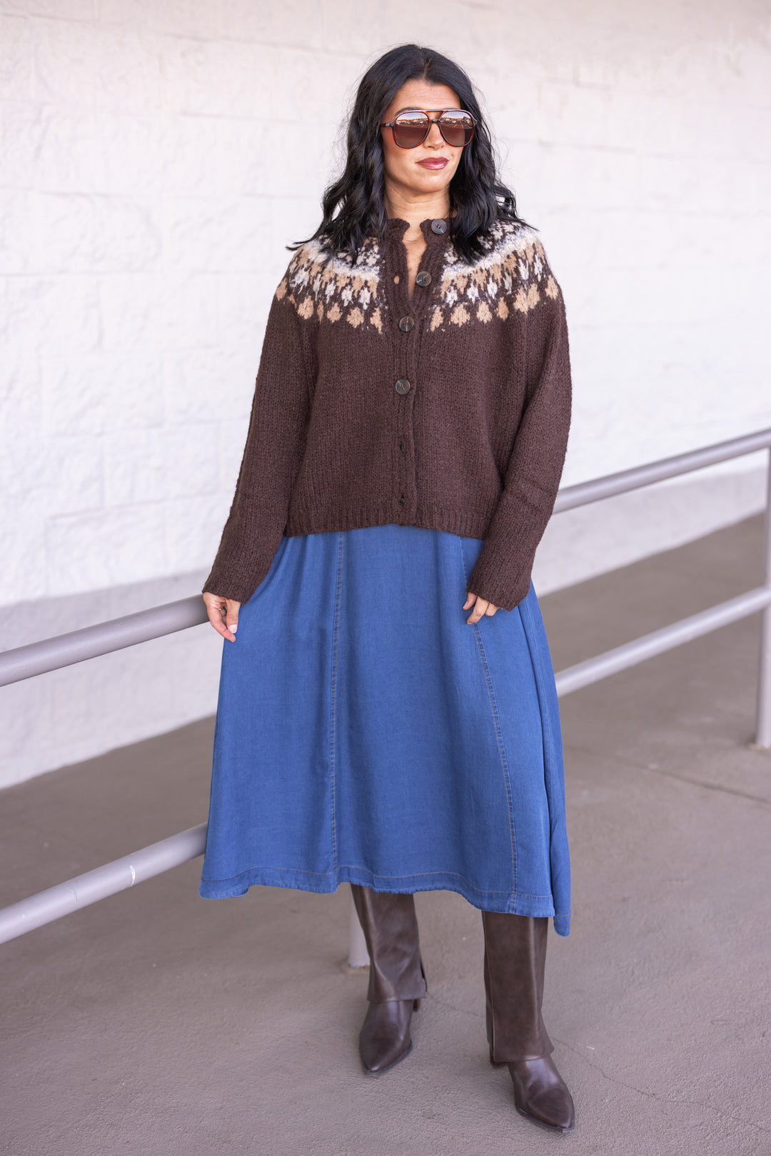 Women's brown button front sweater cardigan with print around the shoulders by Blu Pepper, perfect for cooler weather