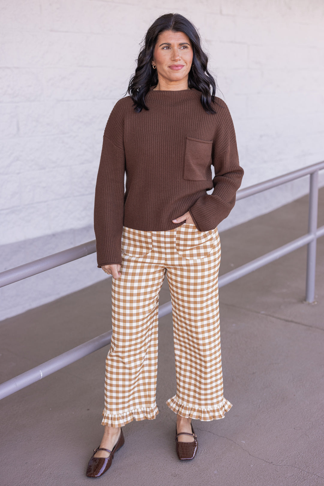 Women's mustard and ivory gingham checkered twill pants with ruffle cuffs by ee:some showing full front view