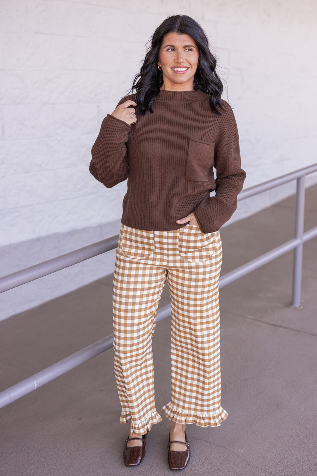 Women's mustard and ivory gingham checkered twill pants with ruffle cuffs by ee:some, perfect for teachers