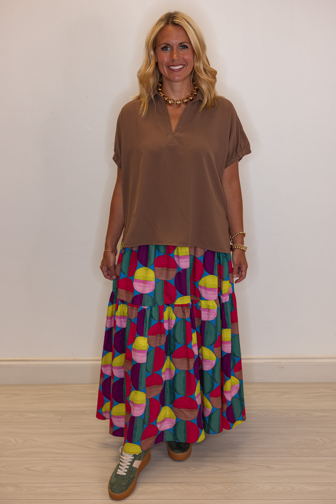 Trendy women's smocked hot pink and multicolor print tiered poplin maxi skirt by Karlie for teachers