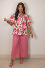 pink floral ruffle trim dressy top
