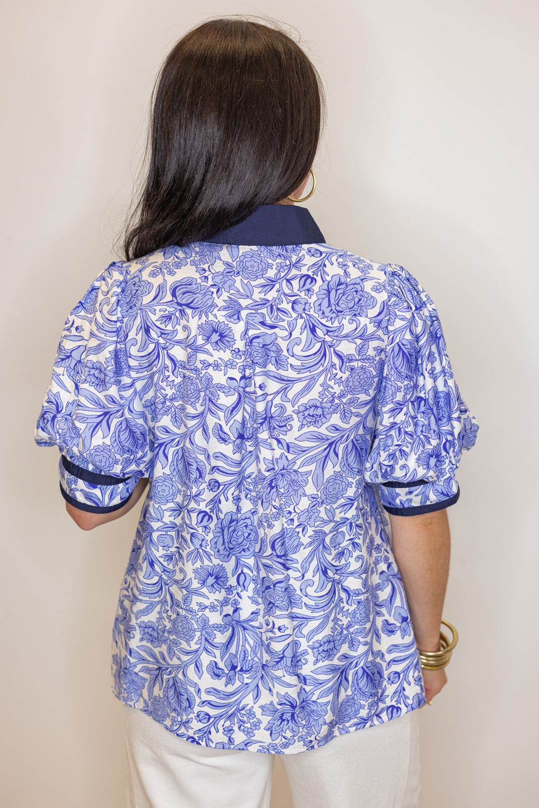 blue navy white floral dressy top