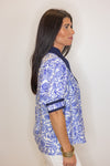 blue navy white floral dressy top
