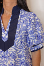 blue navy white floral dressy top