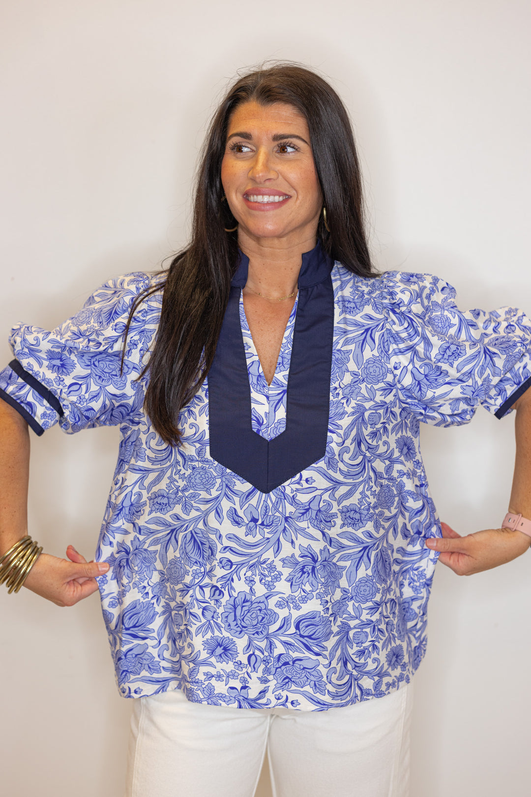 blue navy white floral dressy top