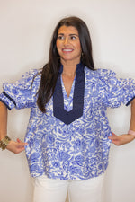 blue navy white floral dressy top
