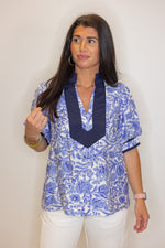 blue navy white floral dressy top