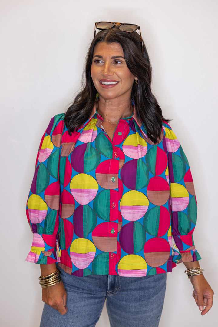 Women's hot pink and multicolor print button front poplin top by Karlie