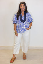 blue navy white floral dressy top